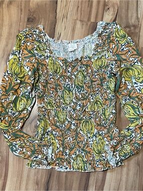 Anthropologie Rayna Floral Blouse Smocked Bodice Boho Peasant Ruffle Top Sz L